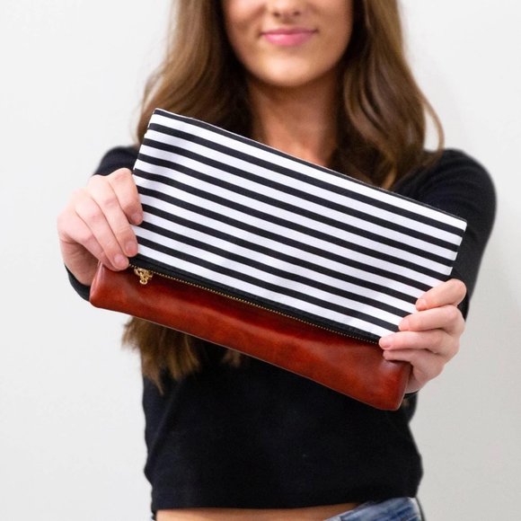 🆕NWT | Foldover Clutch Soft Faux Leather & Black/White Stripe | Tassel | Gold - Picture 5 of 5